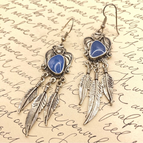 Blue Stone Feather Dangle Western Silver Tone Long Earrings - Picture 8 of 8